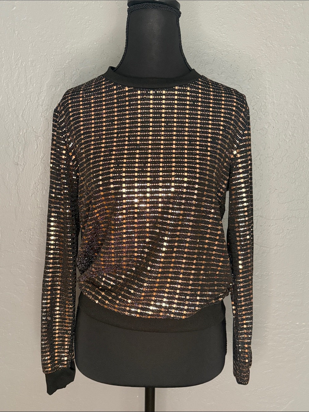 Black Metallic Grid Sequin Long-Sleeve Top